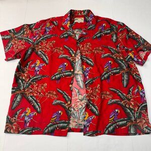 Paradise Found Hawaiian Shirt Mens XL Red Magnum PI Parrot Floral Red Rayon